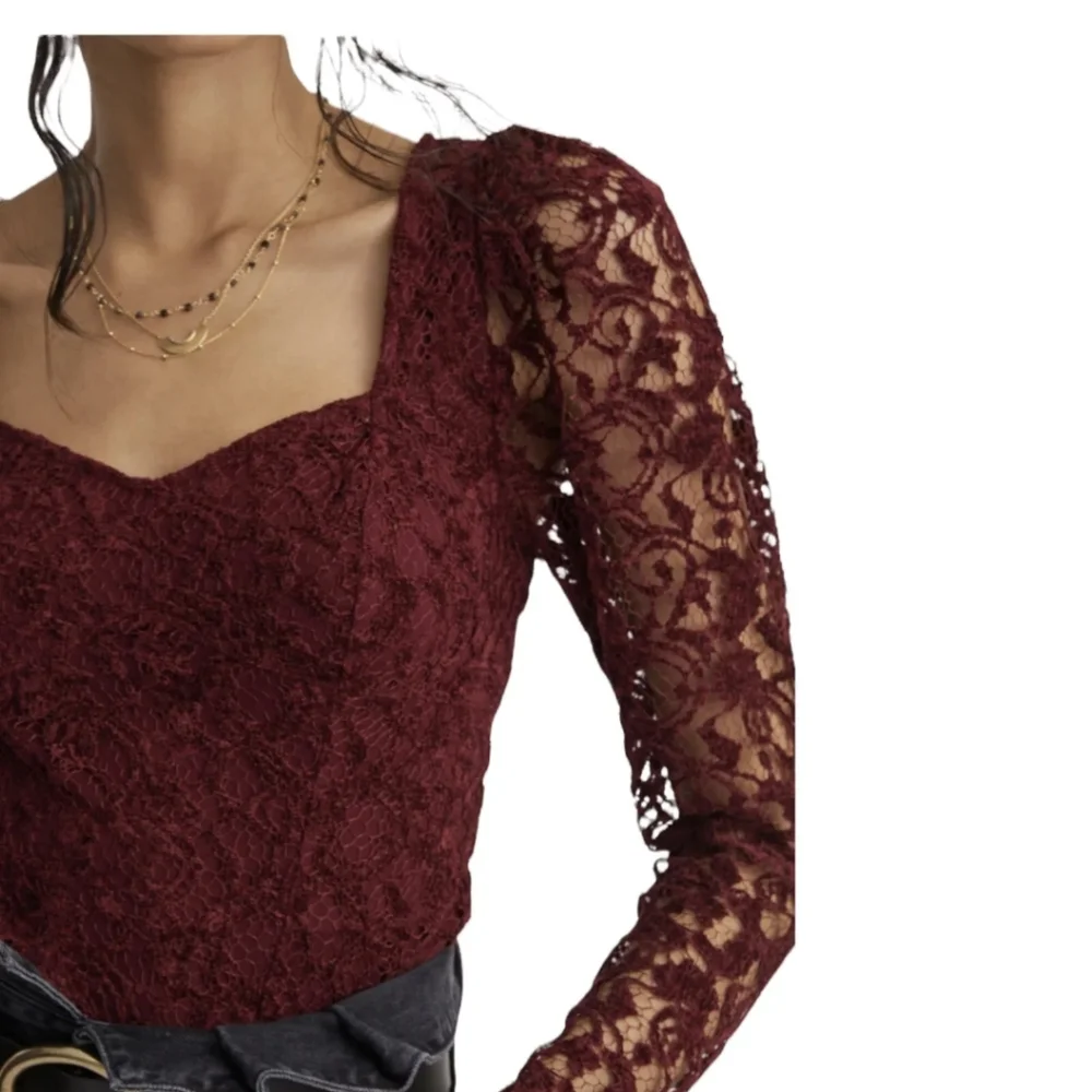 Anthropologie Burgundy Lace Velvet Long Sleeve Blouse Top
